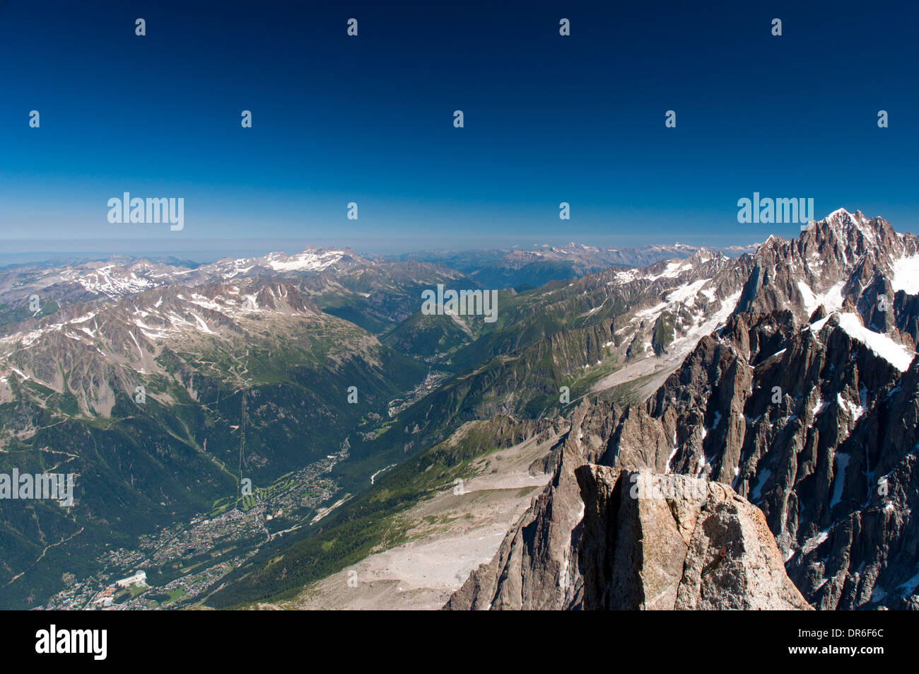 View from the Aiguille du Midi (3842m) in the Mont Blanc massif in the ...