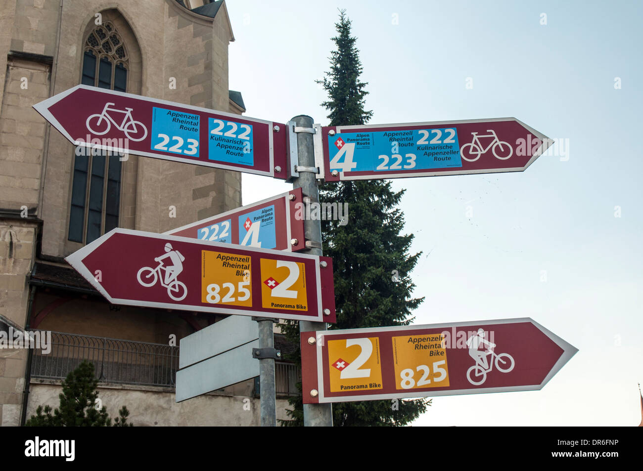 Signposts for Swiss national long distance and regional cycle routes in Appenzell, Switzerland Stock Photo