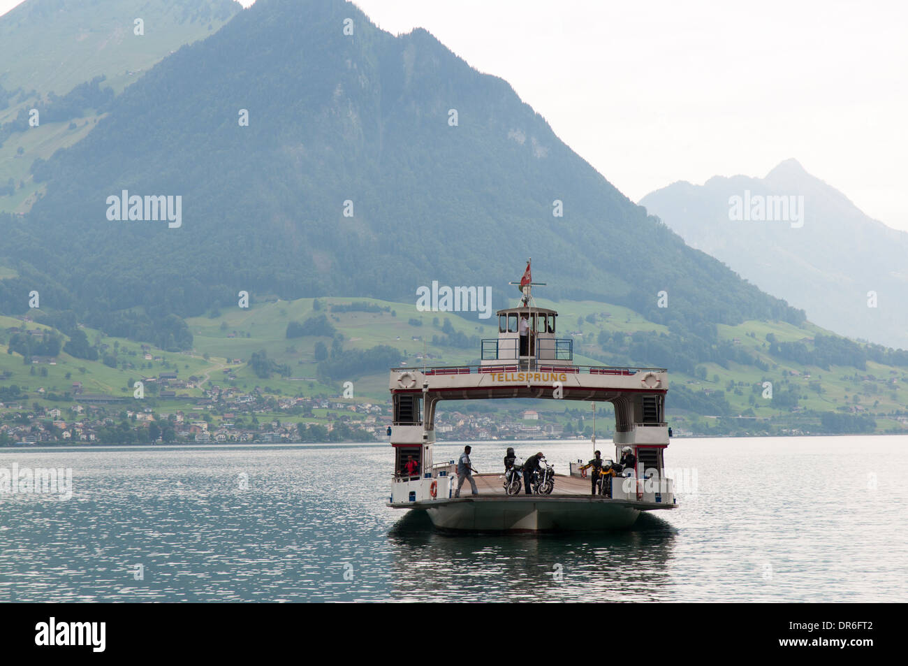 Ferry 'Tellsprung' across Lake Lucerne (Vierwaldstättersee) between Gersau and Beckenried in the Swiss Alps Stock Photo