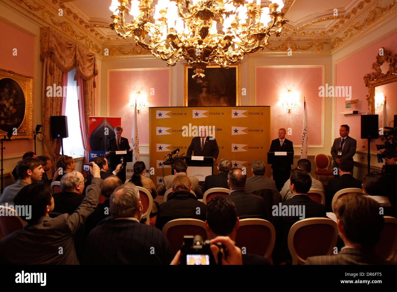 Press conference outlining his plans to build a replica Titanic at the Ritz Hotel in London Stock Photo