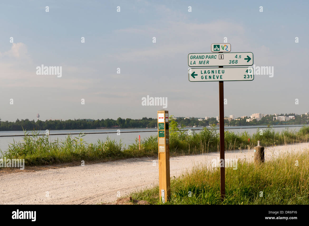 Sign on the ViaRhôna cycle route on the banks of the Rhone river near Lyon in France Stock Photo