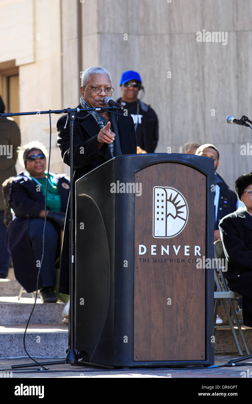 Denver, Colorado USA - 20 Jan 2014. Rev. Dr. Derek Barber King, nephew of Dr. Martin Luther King addresses a crowd during a rally at Civic Center Park during the 28th annual Marade to commemorate Dr. Martin Luther King.  The Marade in Denver is touted as the largest such celebration in the country. Credit:  Ed Endicott/Alamy Live News Stock Photo