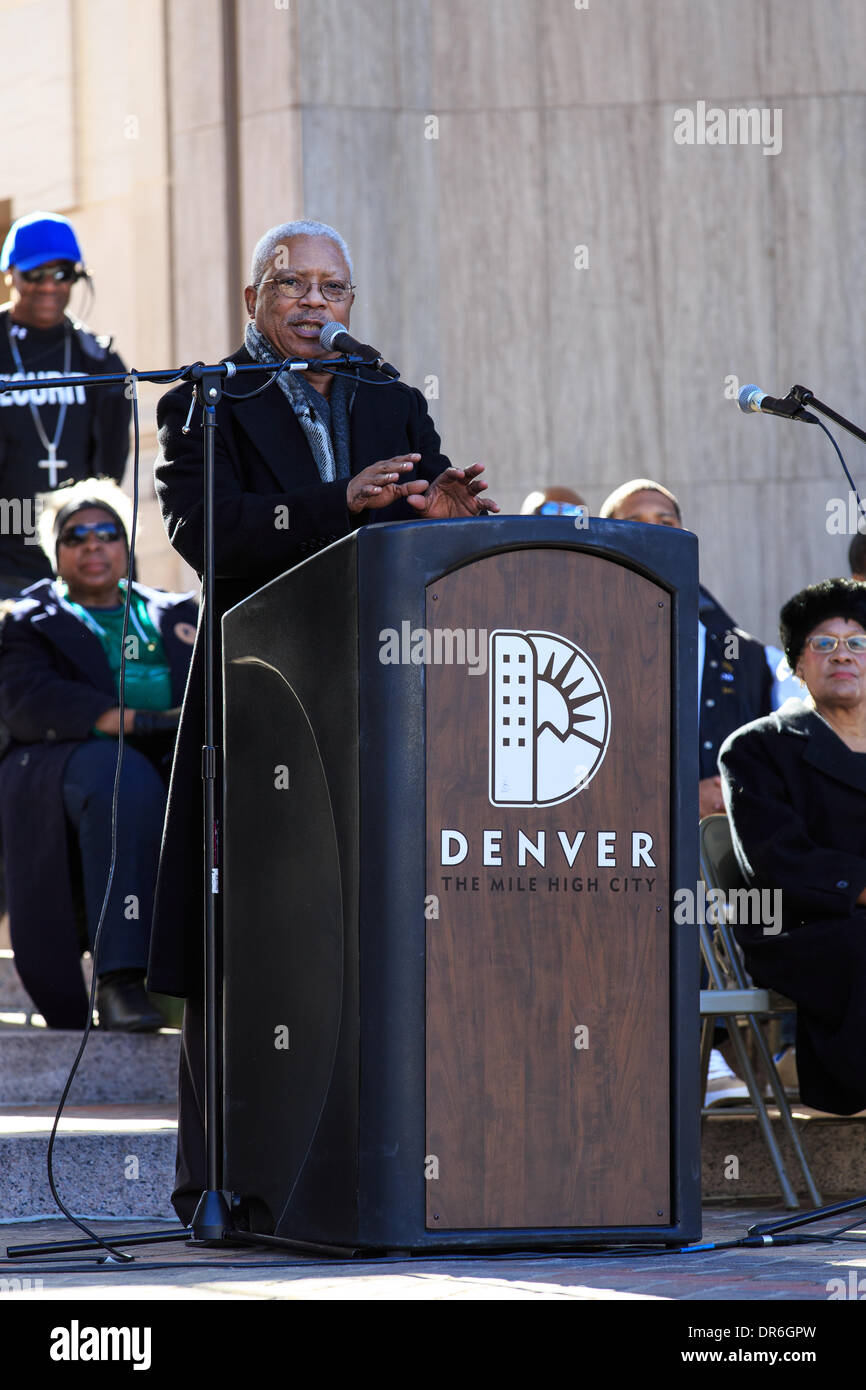 Denver, Colorado USA - 20 Jan 2014. Rev. Dr. Derek Barber King, nephew of Dr. Martin Luther King addresses a crowd during a rally at Civic Center Park during the 28th annual Marade to commemorate Dr. Martin Luther King.  The Marade in Denver is touted as the largest such celebration in the country. Credit:  Ed Endicott/Alamy Live News Stock Photo