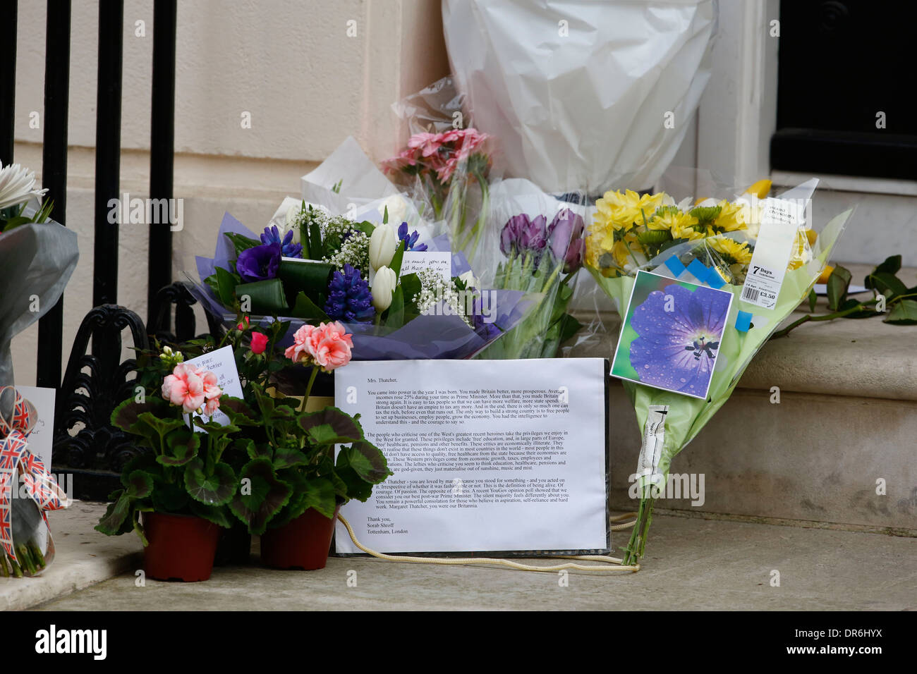 Sir Mark Thatcher, Baroness Thatcher's son pay respects to his mom when he gives a statement to the media outside her house on A Stock Photo