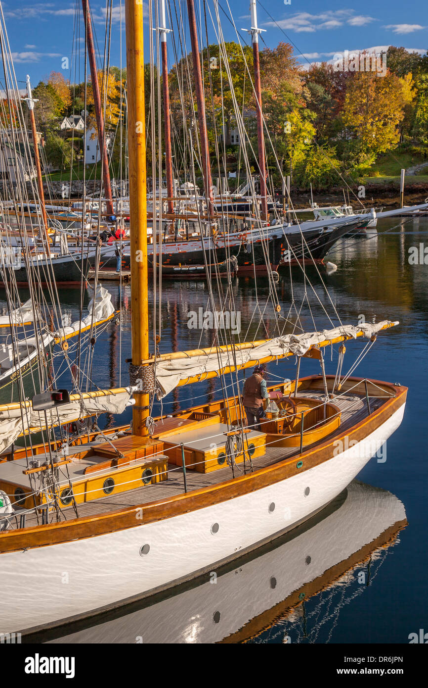 Readying the sailboat for an early morning sail, Camden, Maine, USA