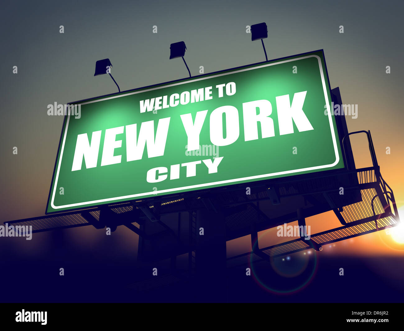 Billboard welcome to new york at sunrise stock photo alamy