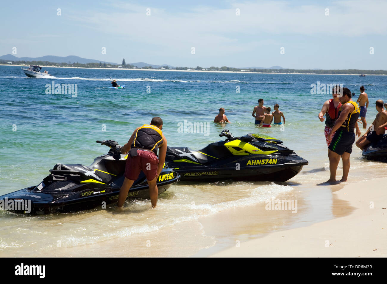 jetskis on little beach,nelson bay,port stephens,new south wales,australia Stock Photo