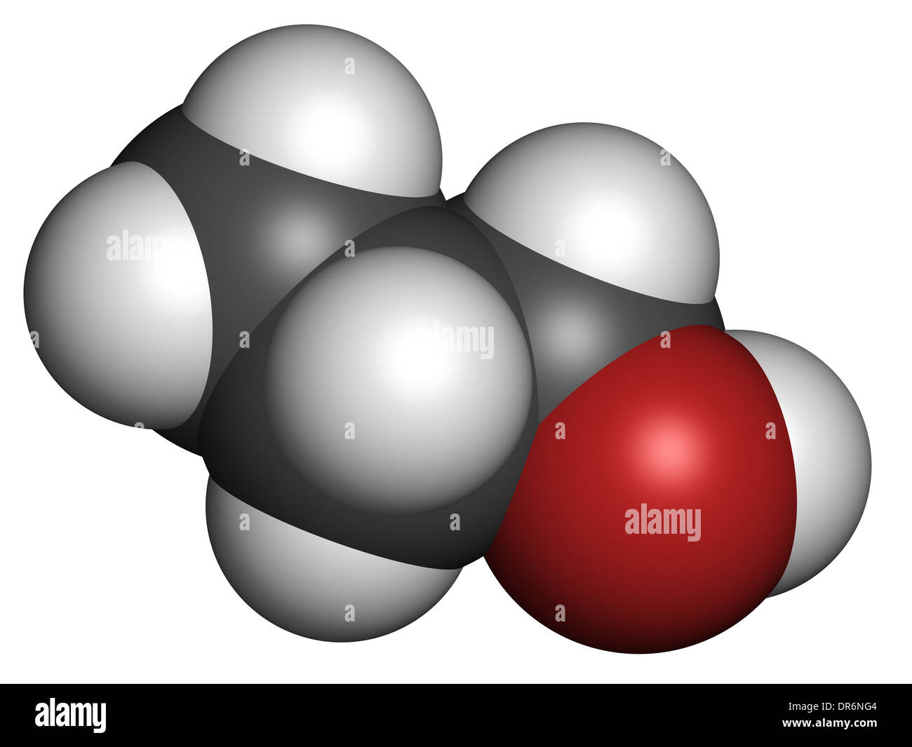Propanol (n-propanol) solvent molecule. Atoms are represented as spheres with conventional color coding. Stock Photo
