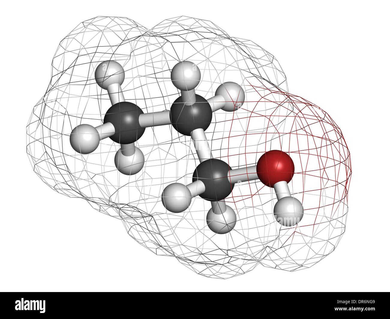 Propanol (n-propanol) solvent molecule. Atoms are represented as spheres with conventional color coding. Stock Photo
