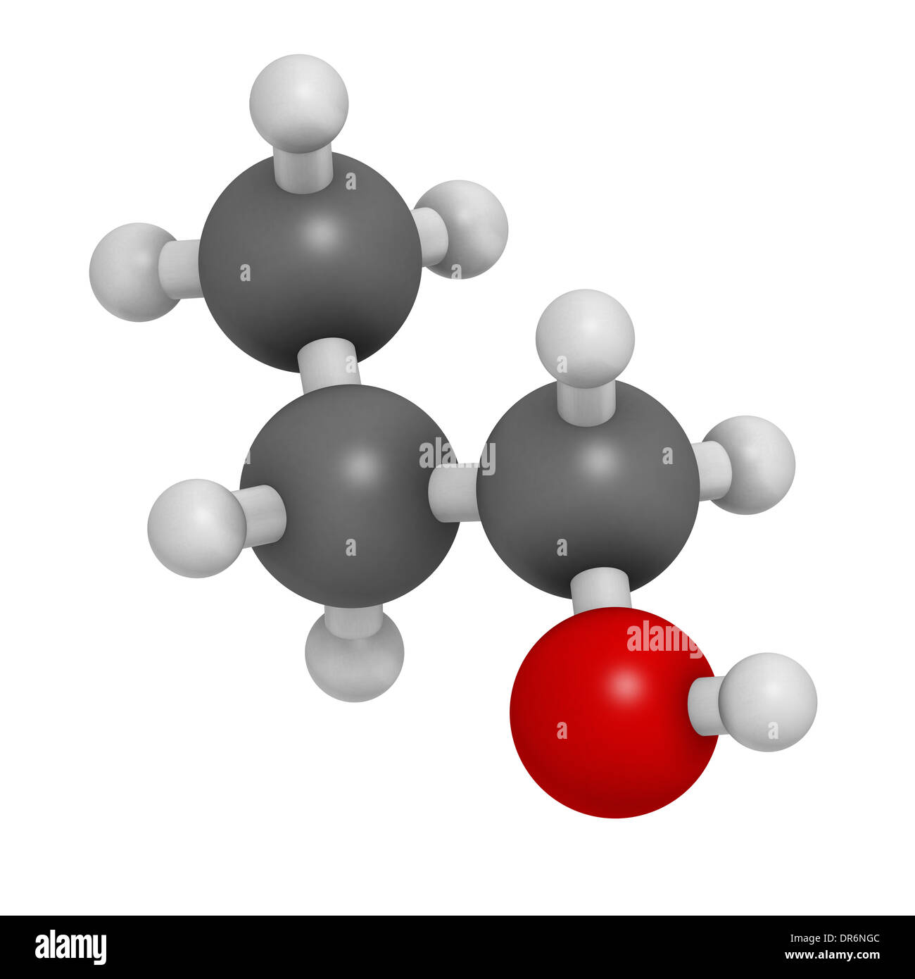 Propanol (n-propanol) solvent molecule. Atoms are represented as spheres with conventional color coding. Stock Photo