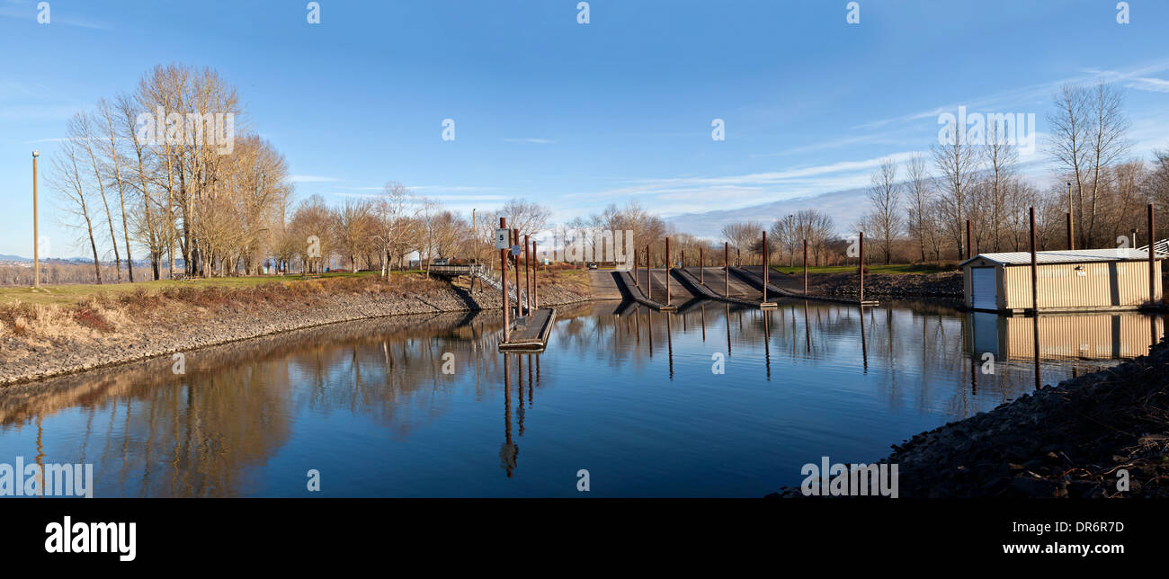 Boat launch wooden platforms and steel beams panoramic view Oregon. Stock Photo