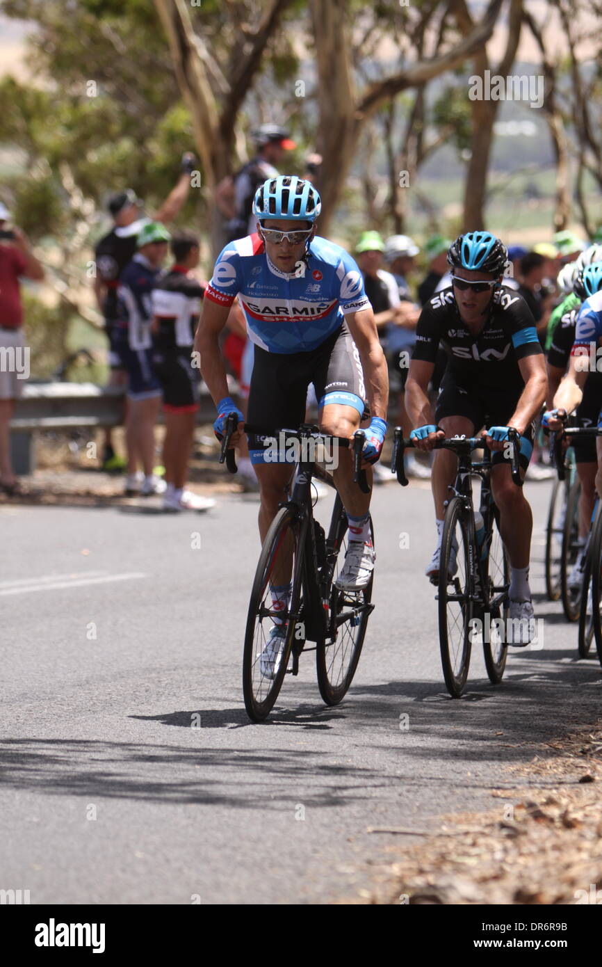 Barossa Valley, Australia. 21st Jan, 2014. Nathan Haas (Garmin Sharp) leading the ascent of Mengler Hill KOM in Stage 1 of the Santos Tour Down Under 2014 from Nurioopta to Angaston, South Australia on 21 January 2014 Credit:  Peter Mundy/Alamy Live News Stock Photo