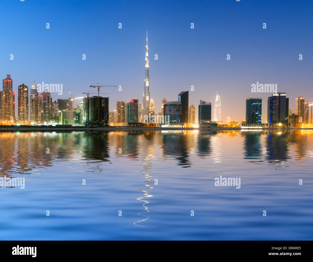 Night view of skyline of new Business Bay district in Dubai United Arab Emirates Stock Photo