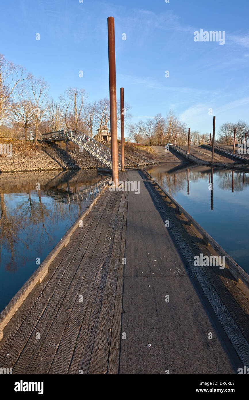 Boat launch wooden platforms and steel beams Oregon. Stock Photo