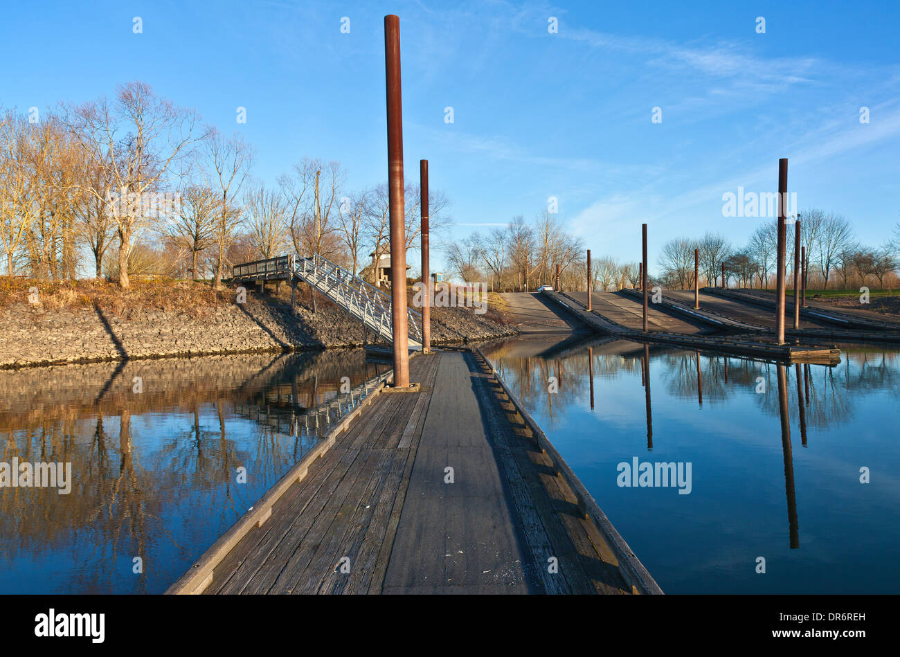Boat launch wooden platforms and steel beams Oregon. Stock Photo