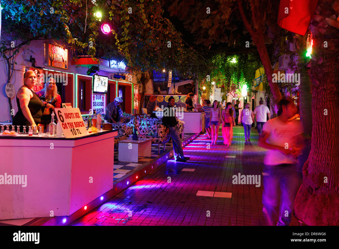 Turkey, Mugla Province, Marmaris, Bar Street in the old town at night Stock Photo