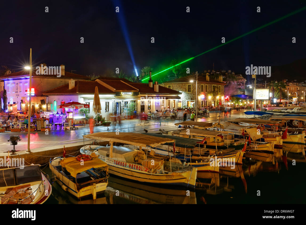 Turkey, Mugla Province, Marmaris, Harbor and old town at night Stock Photo