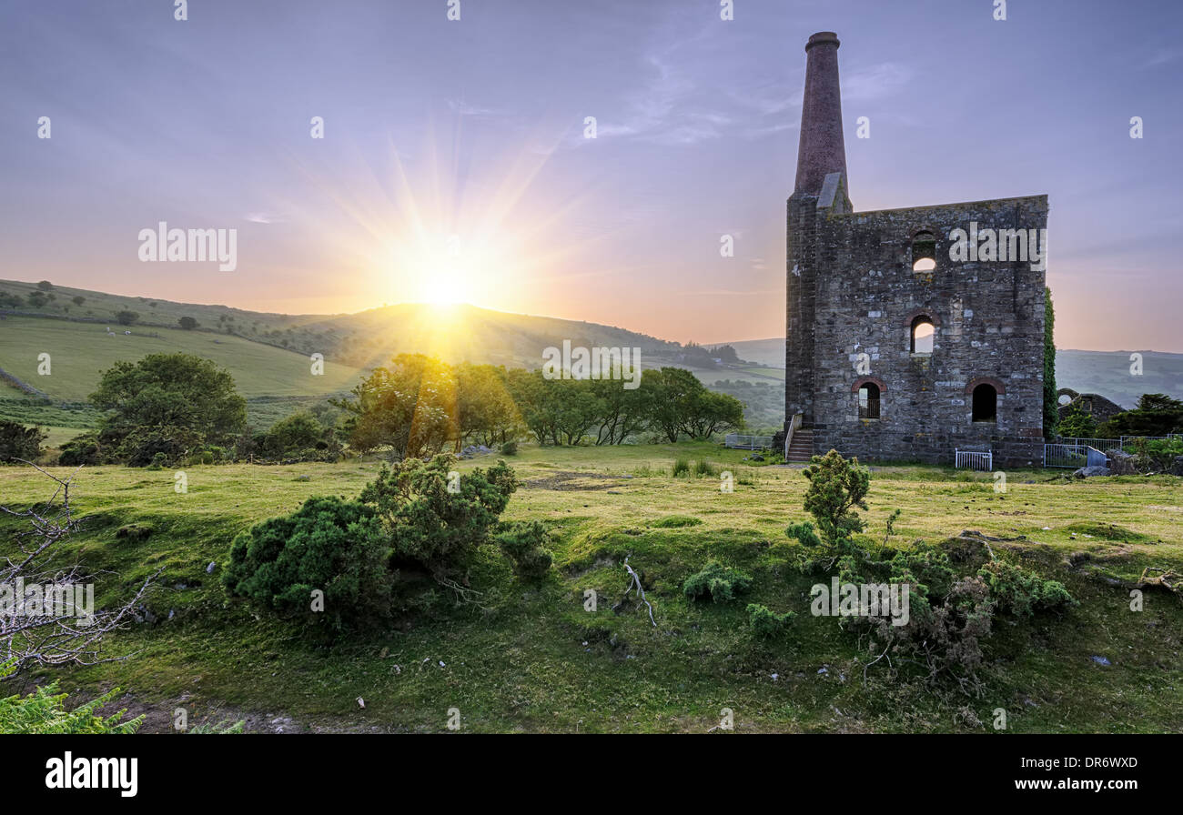 An historic ruined tin mine at the Minions on Bodmin Moor in Cornwall Stock Photo
