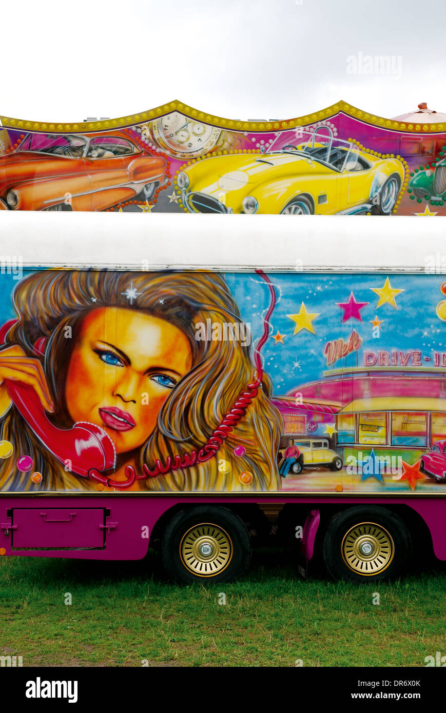 Part of colorful painted transport vehicle at fairground Stock Photo