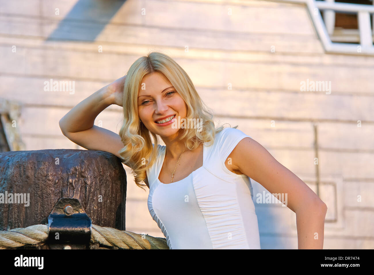 Vacation in Las Vegas. Girl on a background of a pirate ship Stock Photo