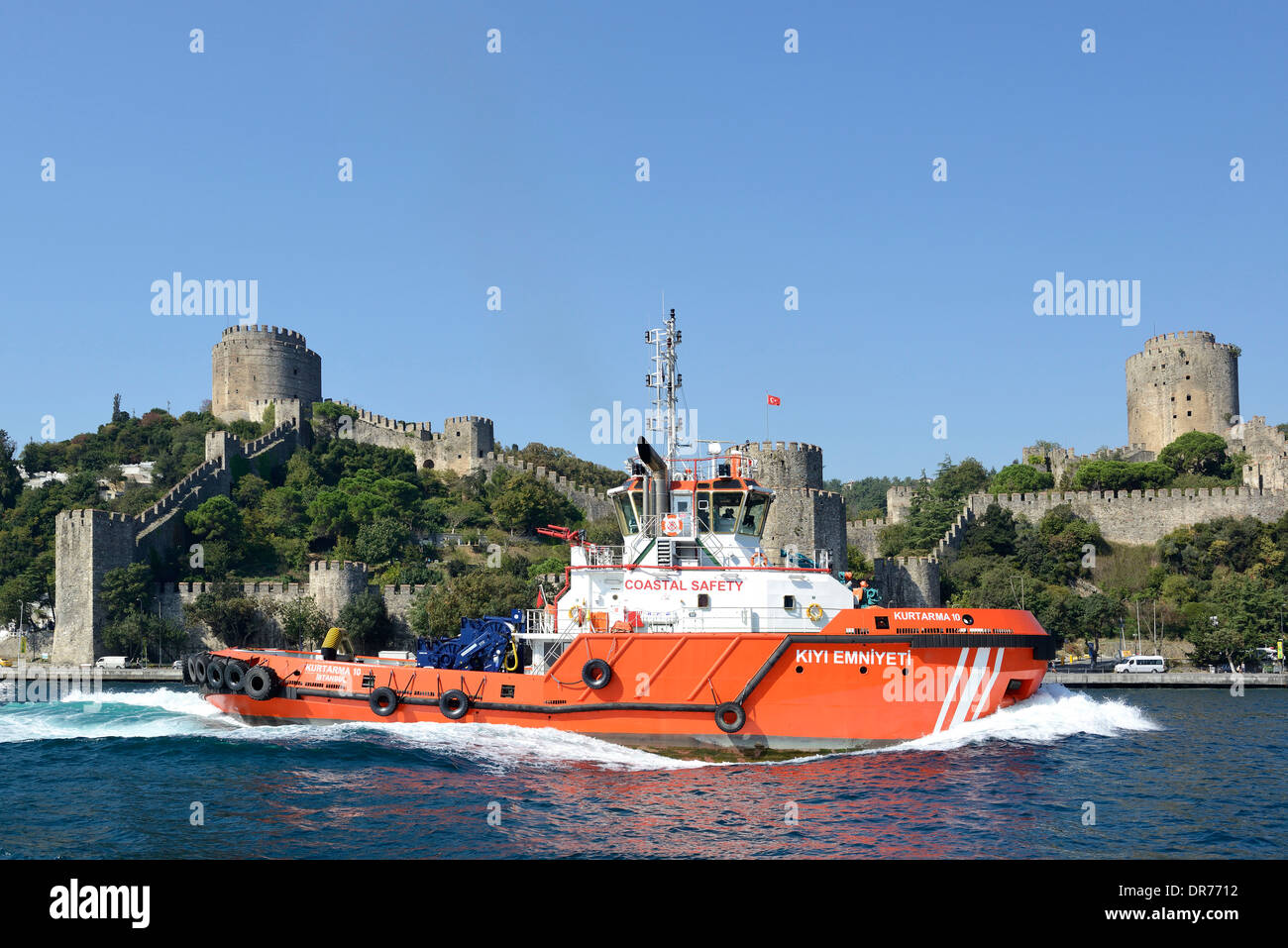 Turkey, Istanbul, Rumeli hisari with coast guard boat Stock Photo