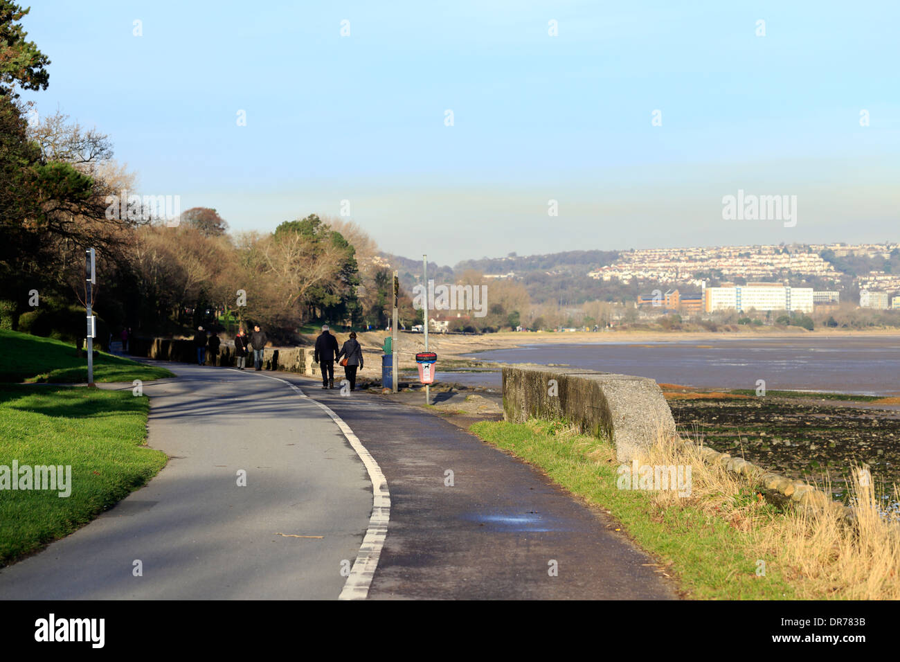 Seaside pedestrian path and cycle track between the South Wales city of Swansea and Mumbles resort village on Gower Peninsula. Stock Photo