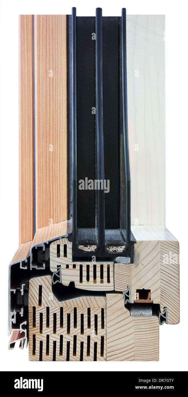 A cross section of window performance triple glazing cut to show the inner profile and quality construction Stock Photo