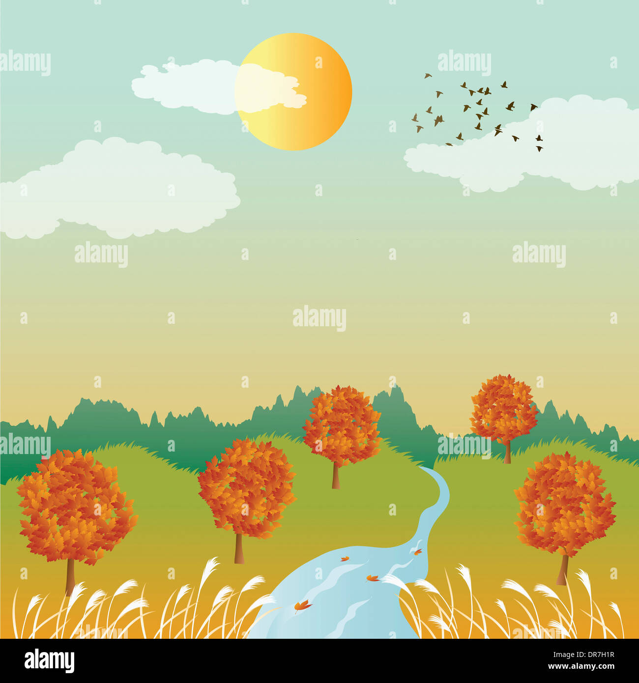 illustration of an autumn field with trees Stock Photo - Alamy