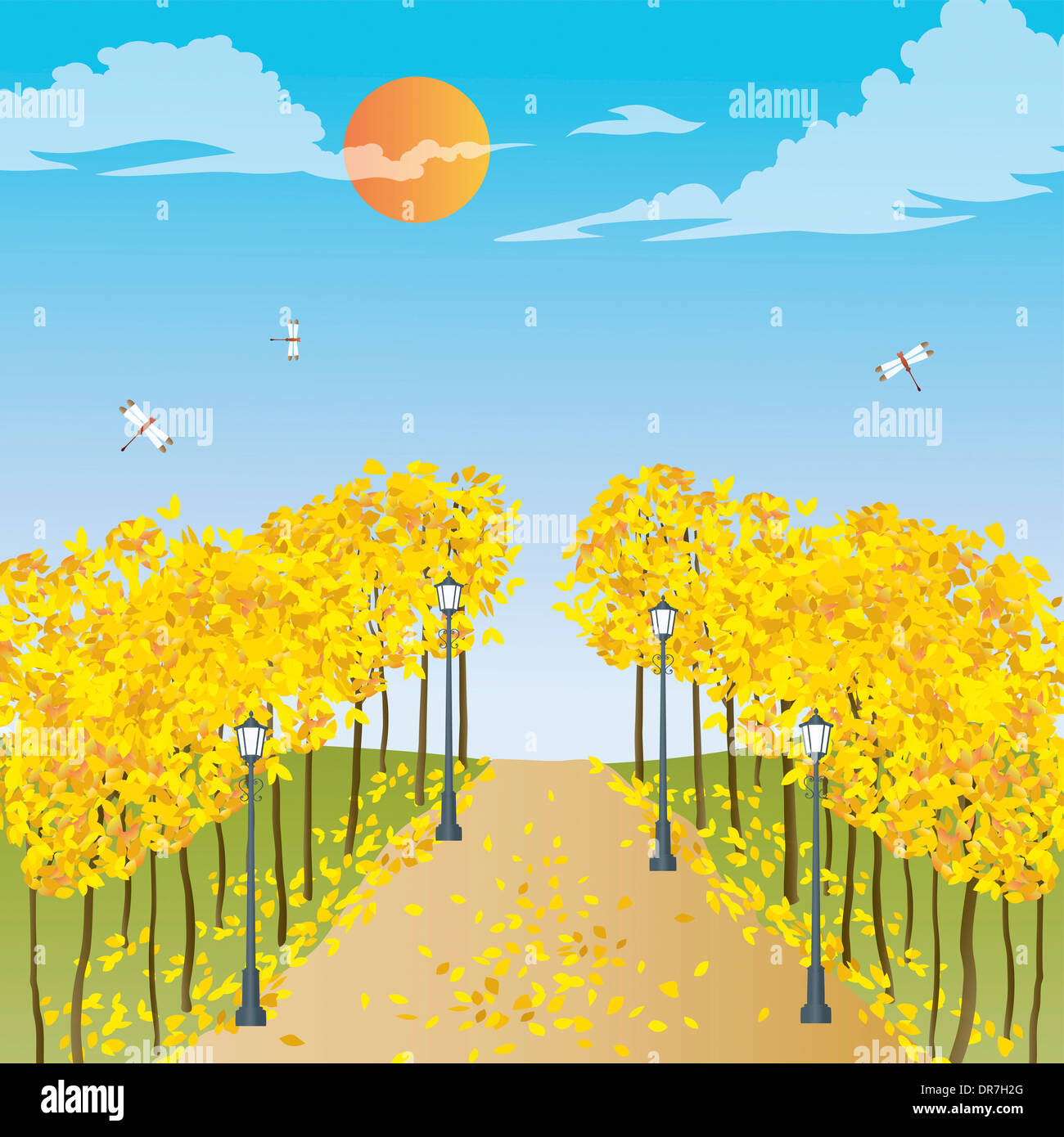 illustration of an autumn field with trees Stock Photo - Alamy