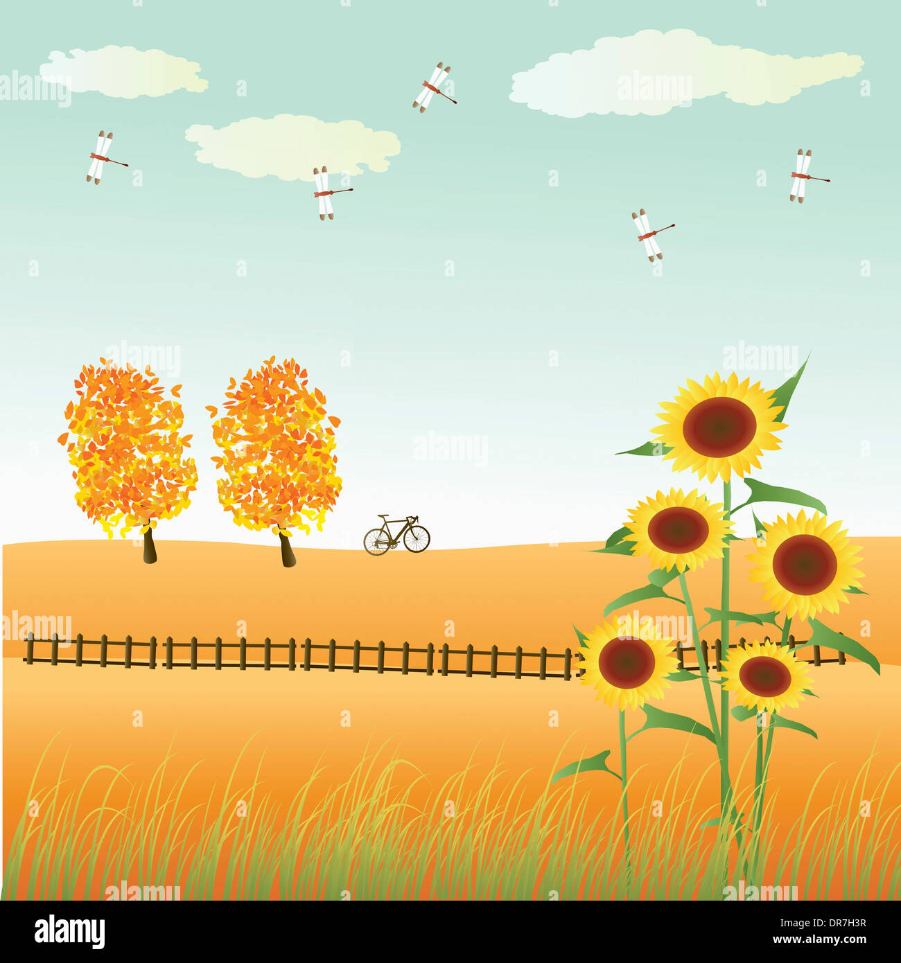 illustration of an autumn field with trees and sunflowers Stock Photo ...