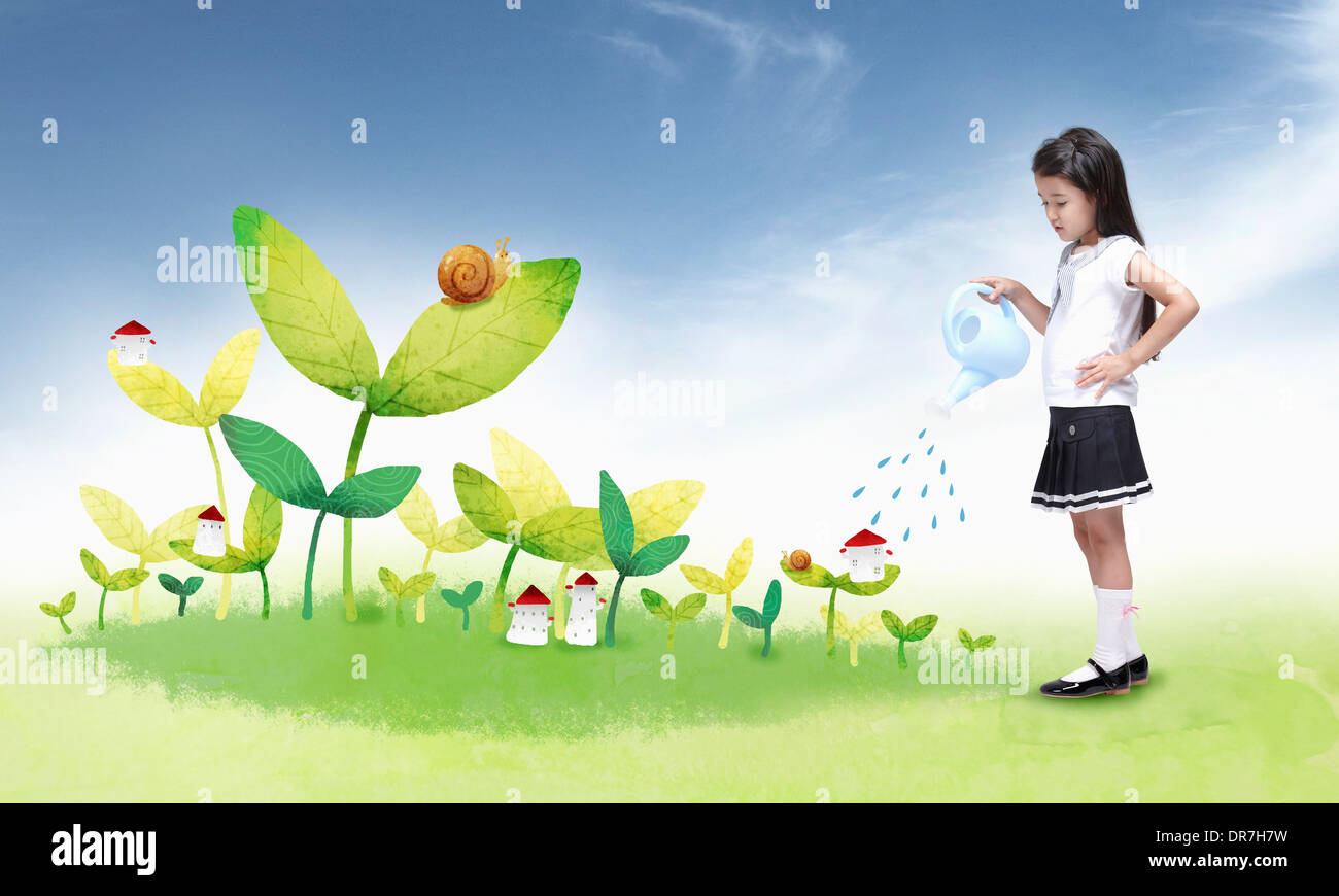 a kid watering illustrated plants Stock Photo - Alamy