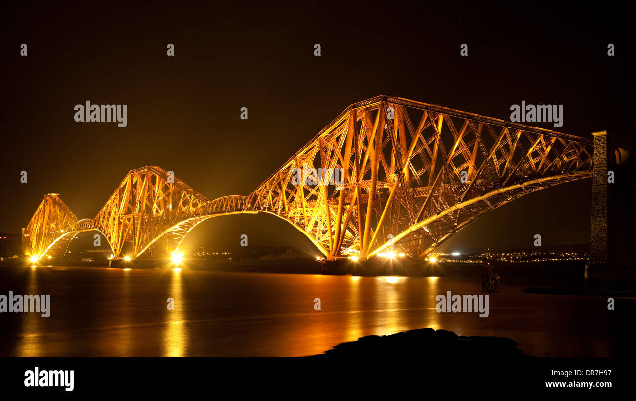 Forth Railway Bridge, Scotland, at Night. Stock Photo