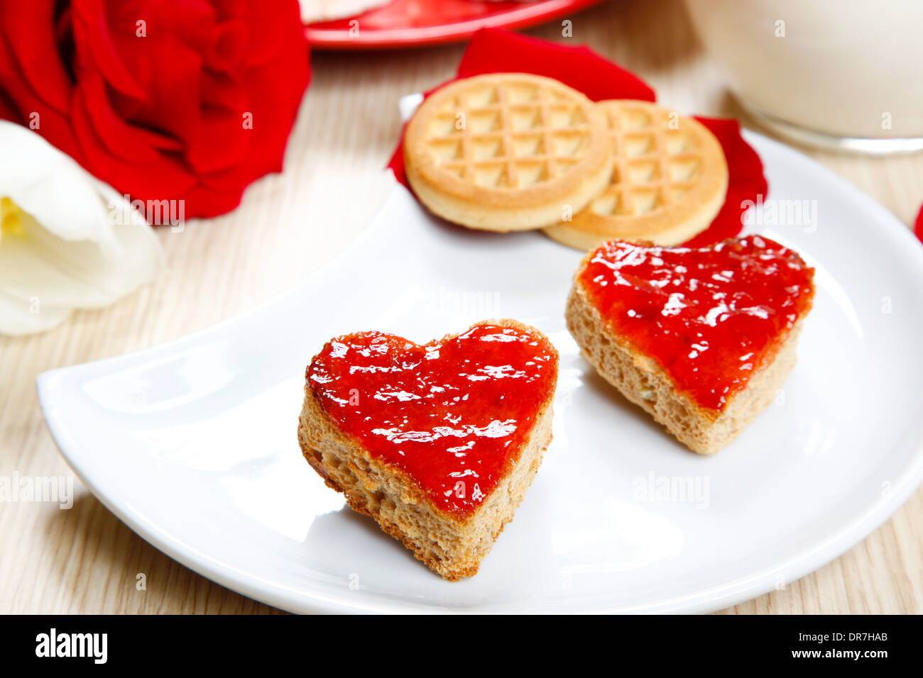 a sweet breackfast with love and red hearths of jam Stock Photo - Alamy
