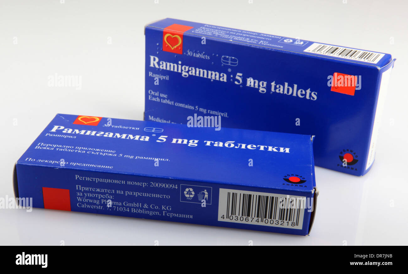 AYTOS, BULGARIA - JANUARY 21, 2014: Ramipril is an angiotensin-converting enzyme (ACE) inhibitor, used to treat high blood Stock Photo