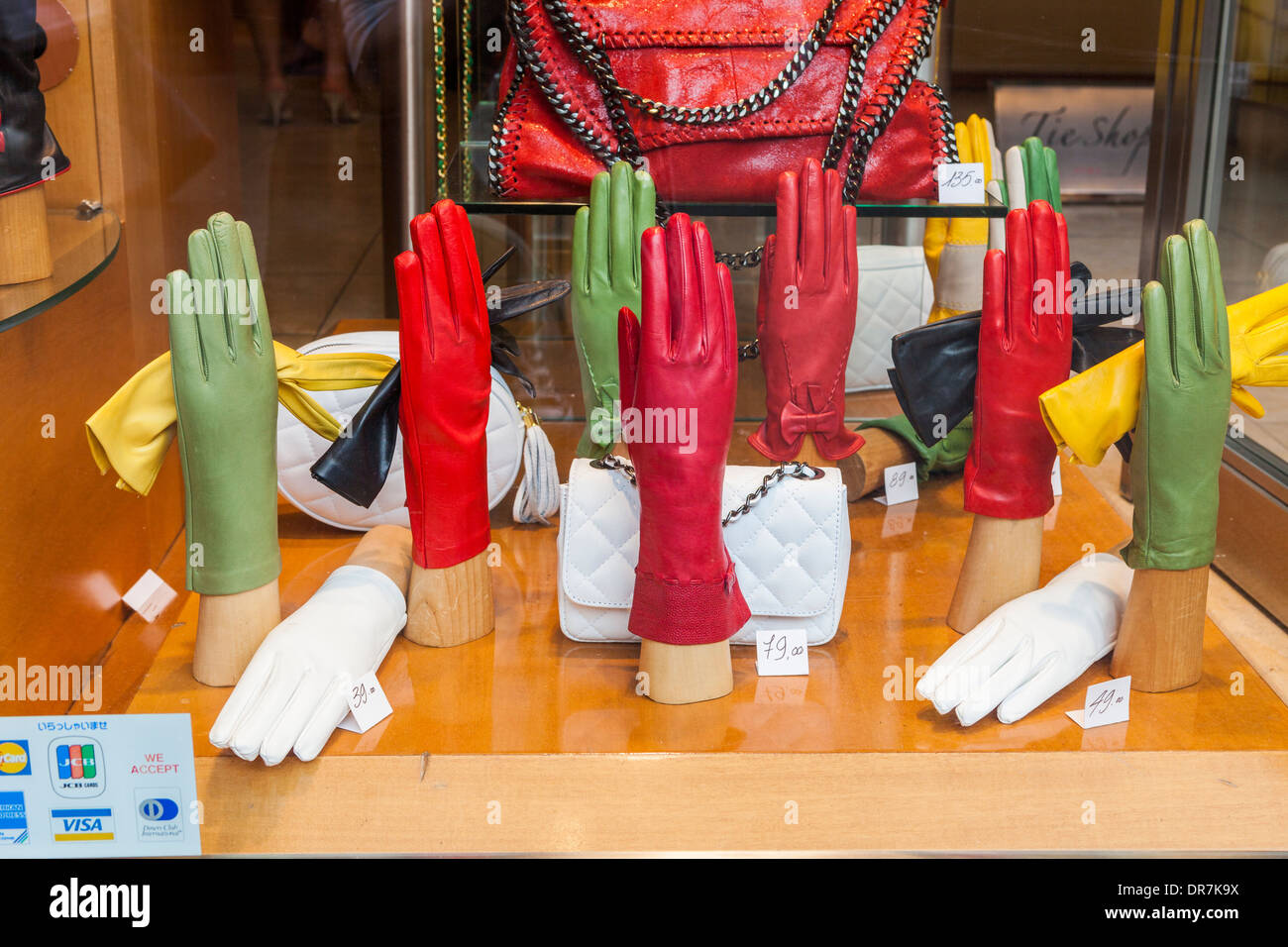 Colourful Italian leather gloves in window display, Milan, Italy Stock