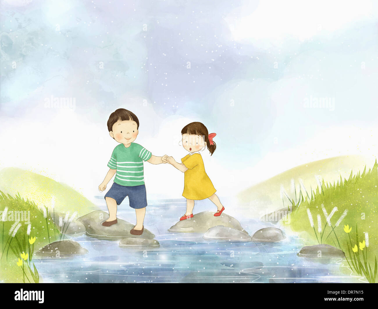illustration of a couple crossing rocks Stock Photo - Alamy