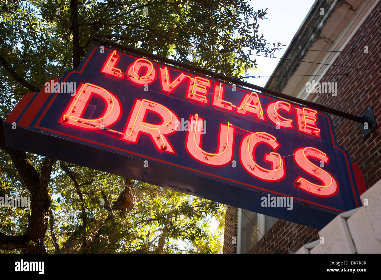 USA Mississippi MS Ocean Springs Gulf Coast small town neon sign for Lovelace Drugs - old pharmacy Stock Photo