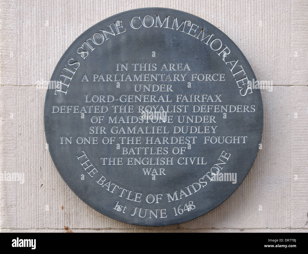 Maidstone, Kent, England, UK. Stone plaque on town hall commemorating the Battle of Maidstone Stock Photo