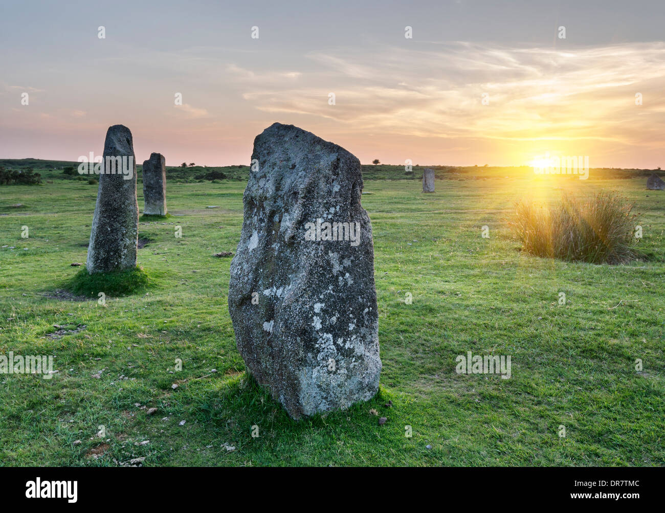 Standing stones at the Hurlers a stone circle at Minions on Bodmin Moor in Cornwall Stock Photo