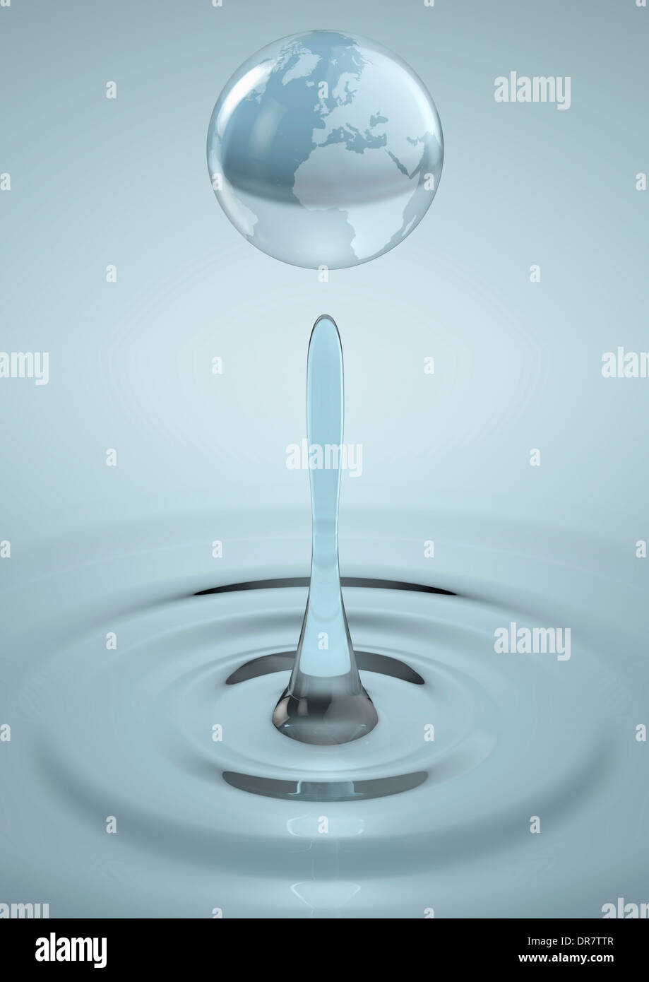 Planet Earth formed from a water droplet - Water conservation concept with focus on Europe and North Africa Stock Photo