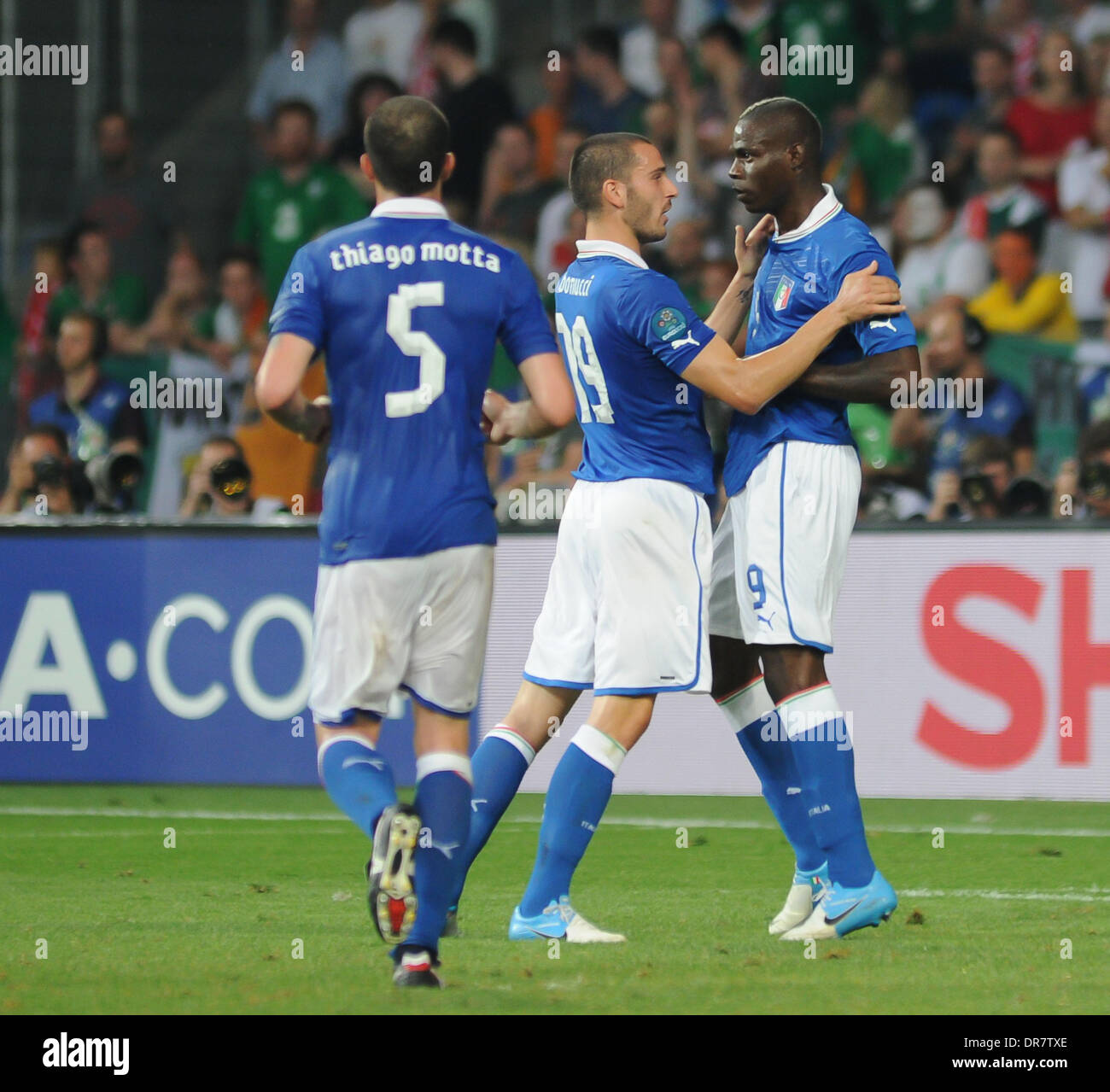 Mario Balotelli (Manchester City FC) scores for Italy  during the European Championship Group C game between Italy and Ireland at the Municipal Stadium. In Poznan, Poland on June 18, 2012. Italy won the match 2-0 Poznan, Poland - 18.06.12 Stock Photo