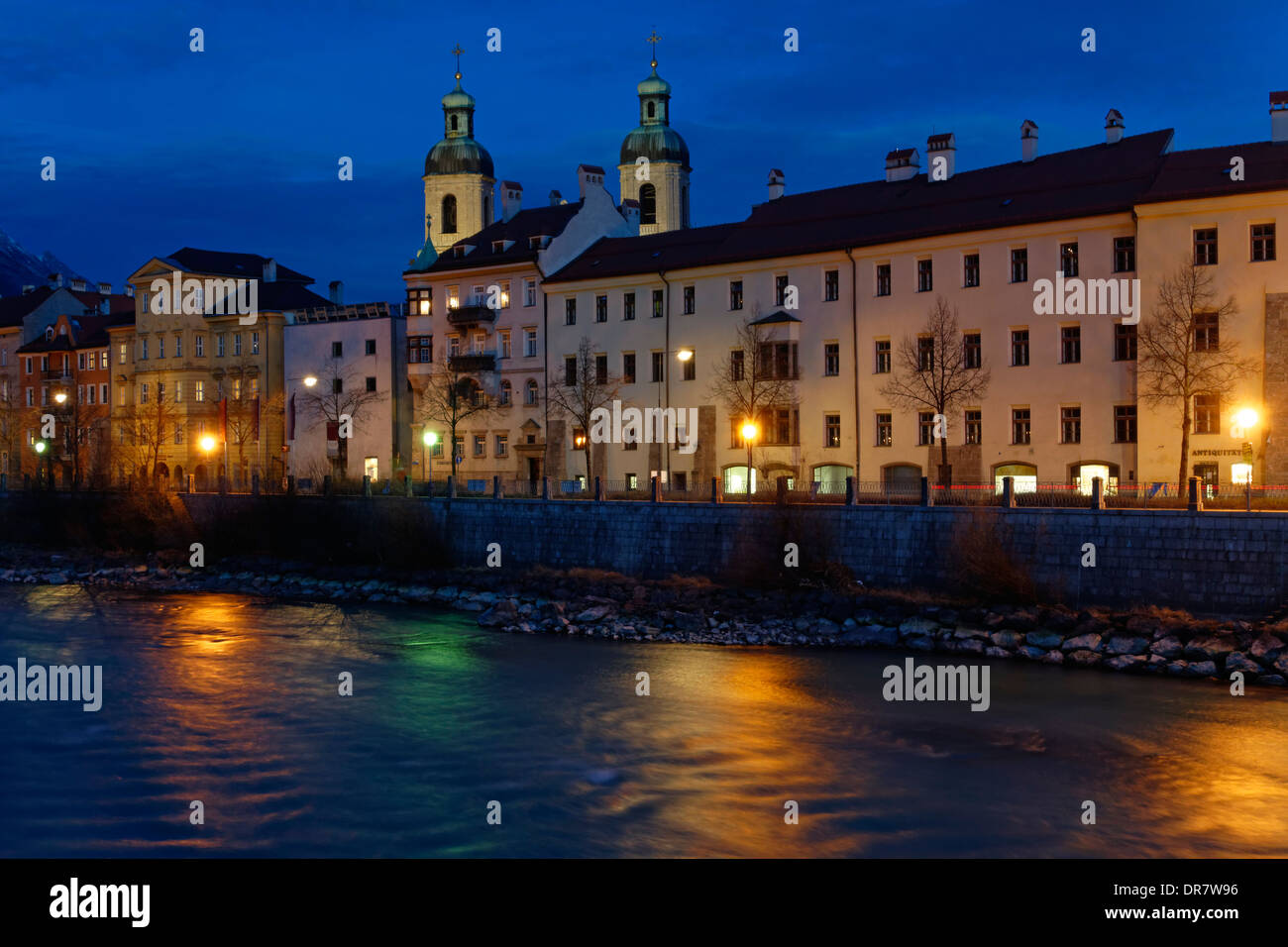 Dusk at the Inn River with Innsbruck Cathedral or Cathedral of St. James, Innsbruck, Tyrol, Austria Stock Photo