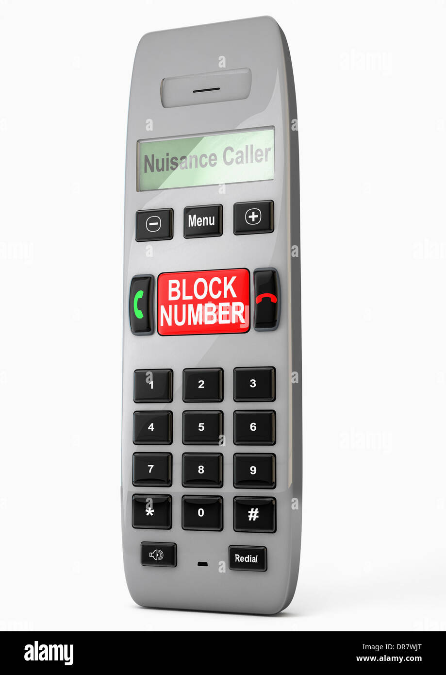 Phone handset with screen display reading 'Nuisance Caller' and a large red button saying BLOCK NUMBER Stock Photo