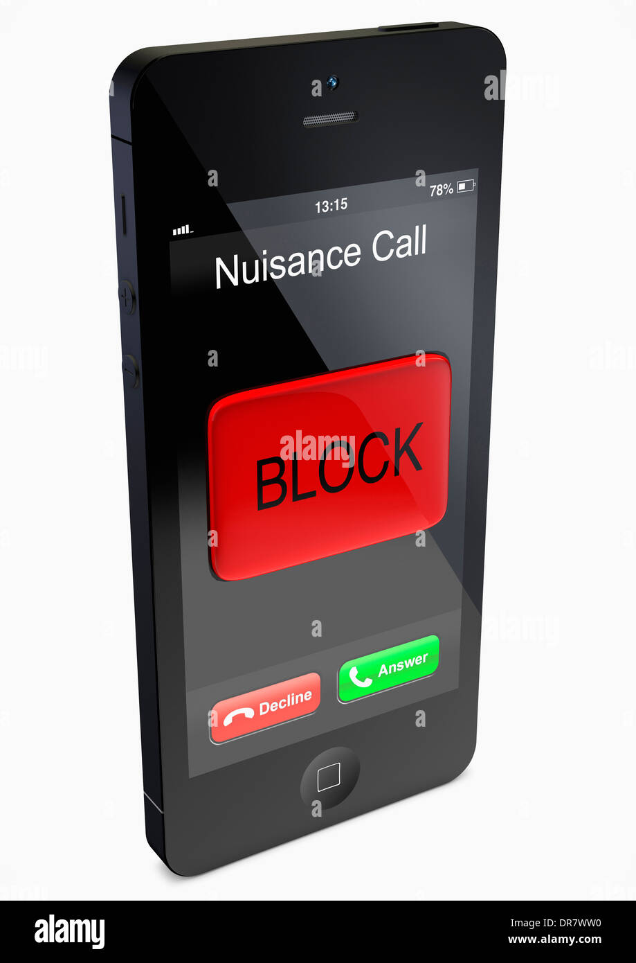 iPhone-style smartphone handset with screen display reading 'Nuisance Caller' and a large red button saying BLOCK Stock Photo