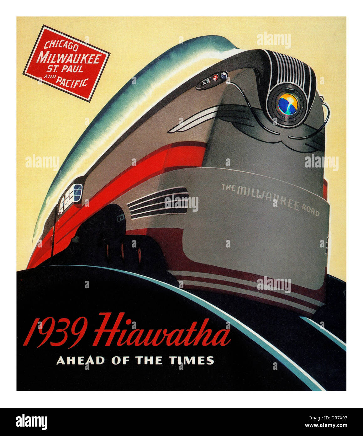 VINTAGE TRAIN TRAVEL 1939 poster advertising train travel across the USA Chicago Milwaukee St. Paul and Pacific  'The Hiawatha' Stock Photo