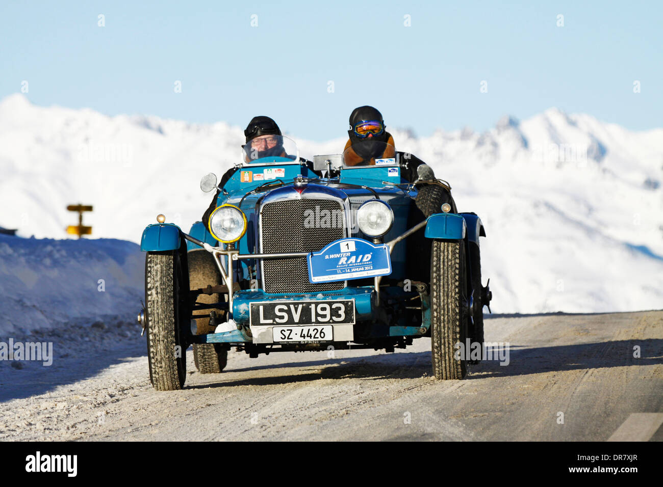 Vintage car rally, WinterRAID 2013, Alvis Speed 20 Special, built in 1934, Ofen Pass, Zernez, Graubünden, Switzerland Stock Photo