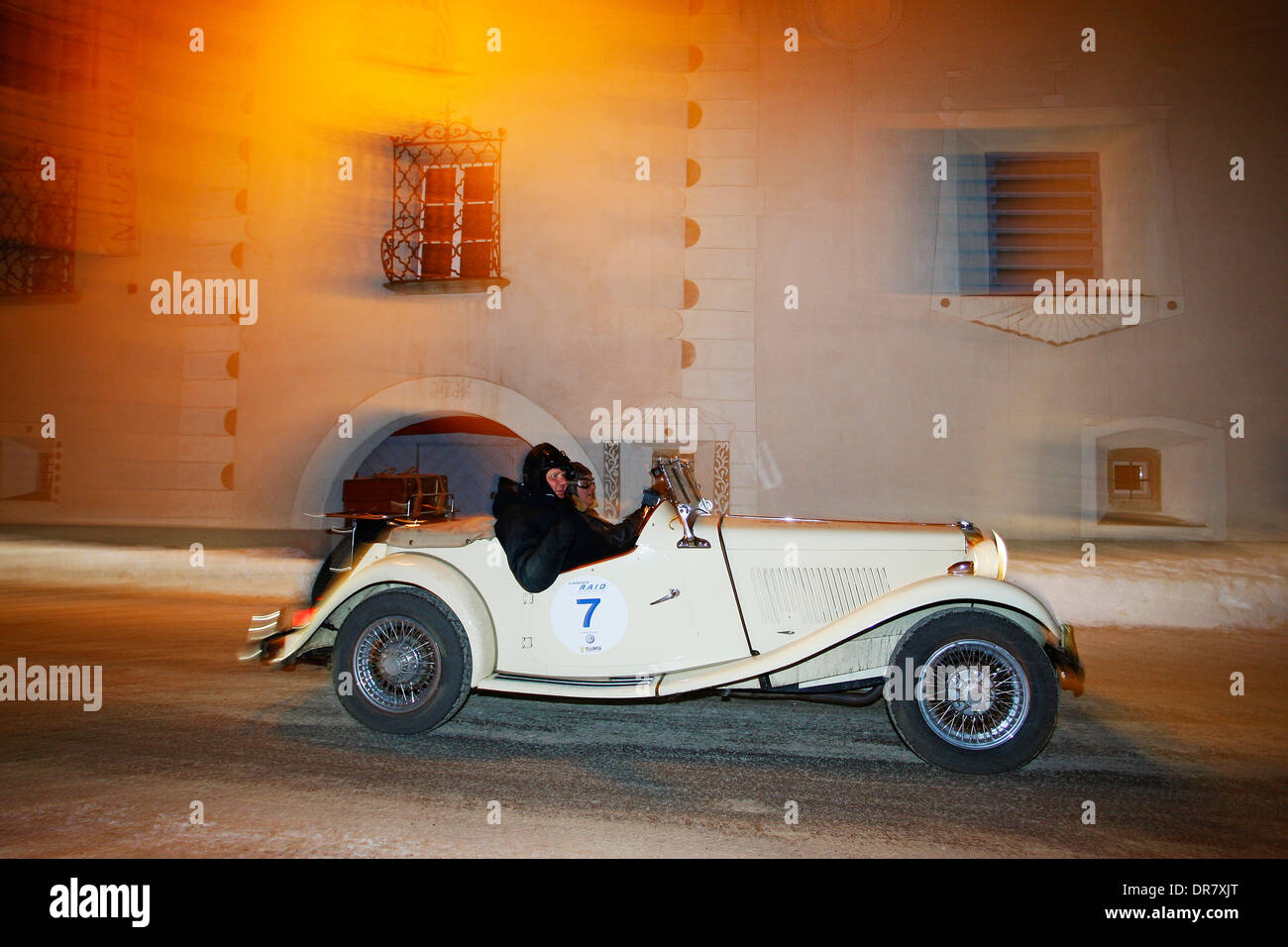 Vintage car rally, WinterRAID 2013, MG TD, built in 1952, Pontresina, Engadin, Switzerland Stock Photo