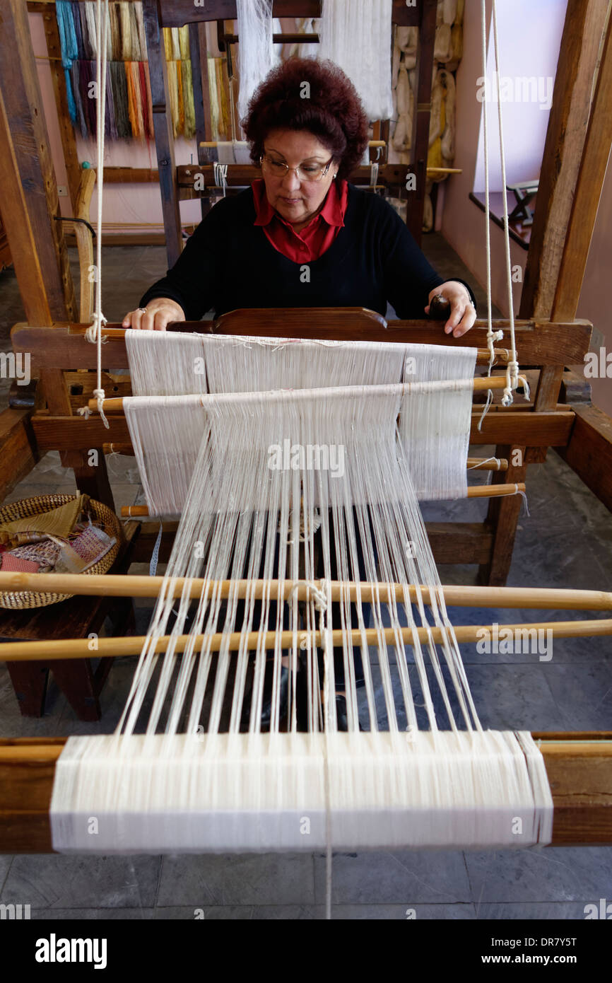 Woman working on a loom, Silk Museum, El Paso, La Palma, Canary Islands, Spain Stock Photo