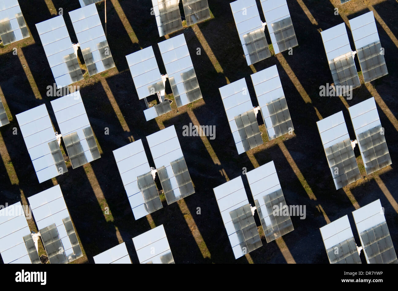 Rows of solar panels, so-called heliostats, generating energy at a solar energy field in the Tabernas Desert, Almería province Stock Photo