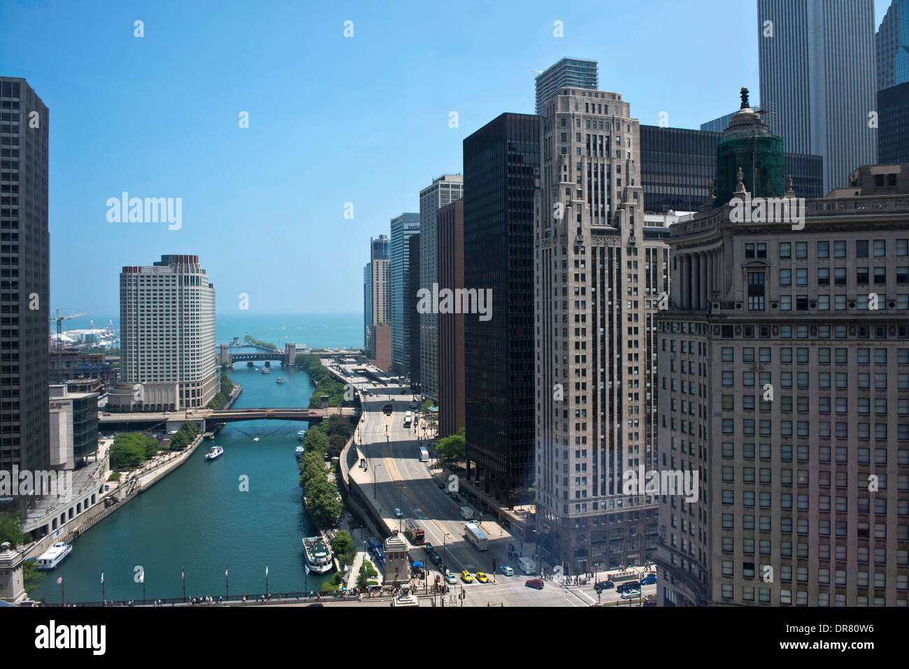 Chicago City Skyline 2013, Chicago, United States. Architect: various, 2013. Chicago River looking east. Stock Photo